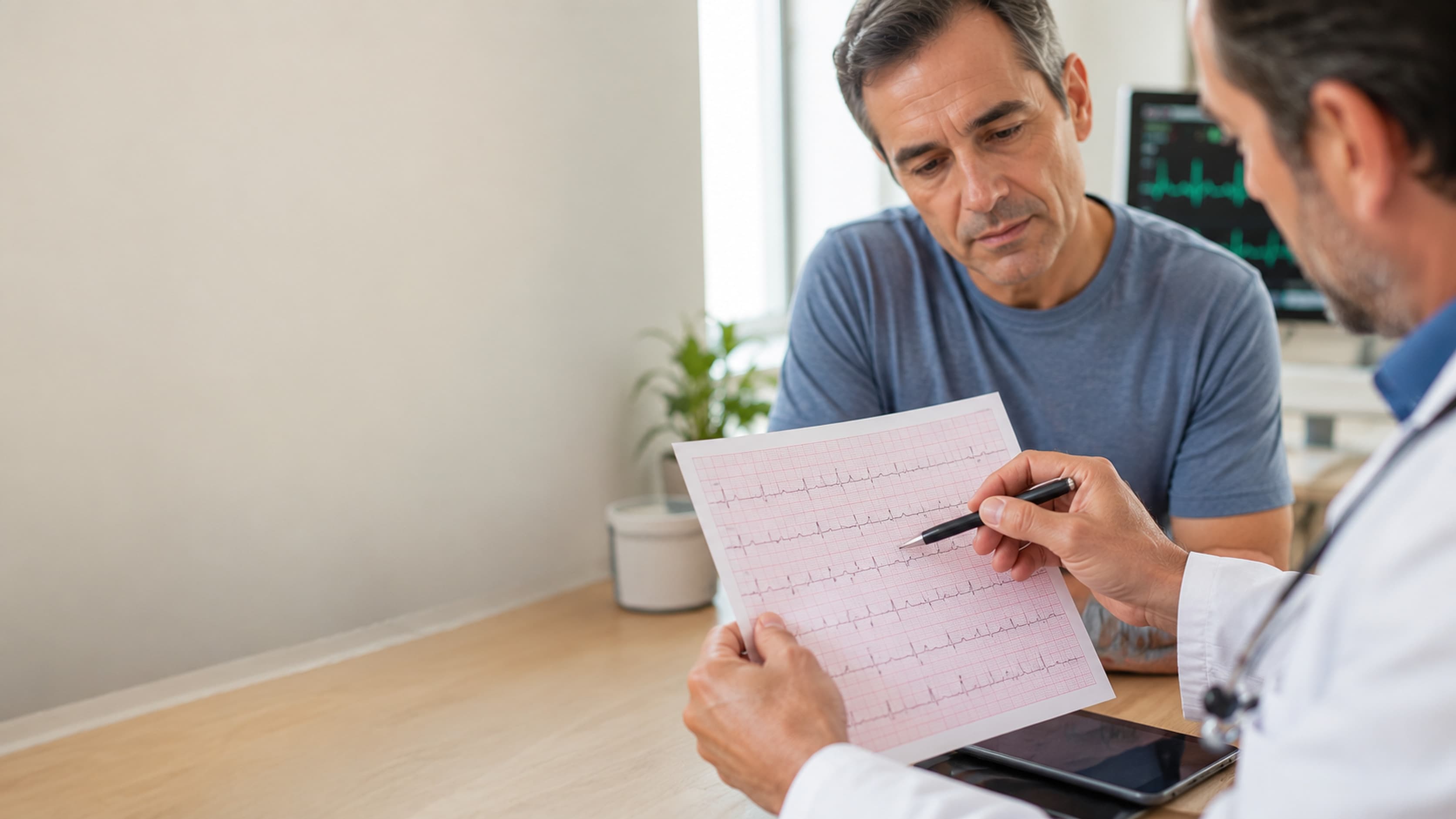 Cardiologista da DoctorÁgape apontando com a caneta o traçado do eletrocardiograma e explicando o resultado ao paciente, com o monitor de ECG ao fundo do consultório, em Joinville
