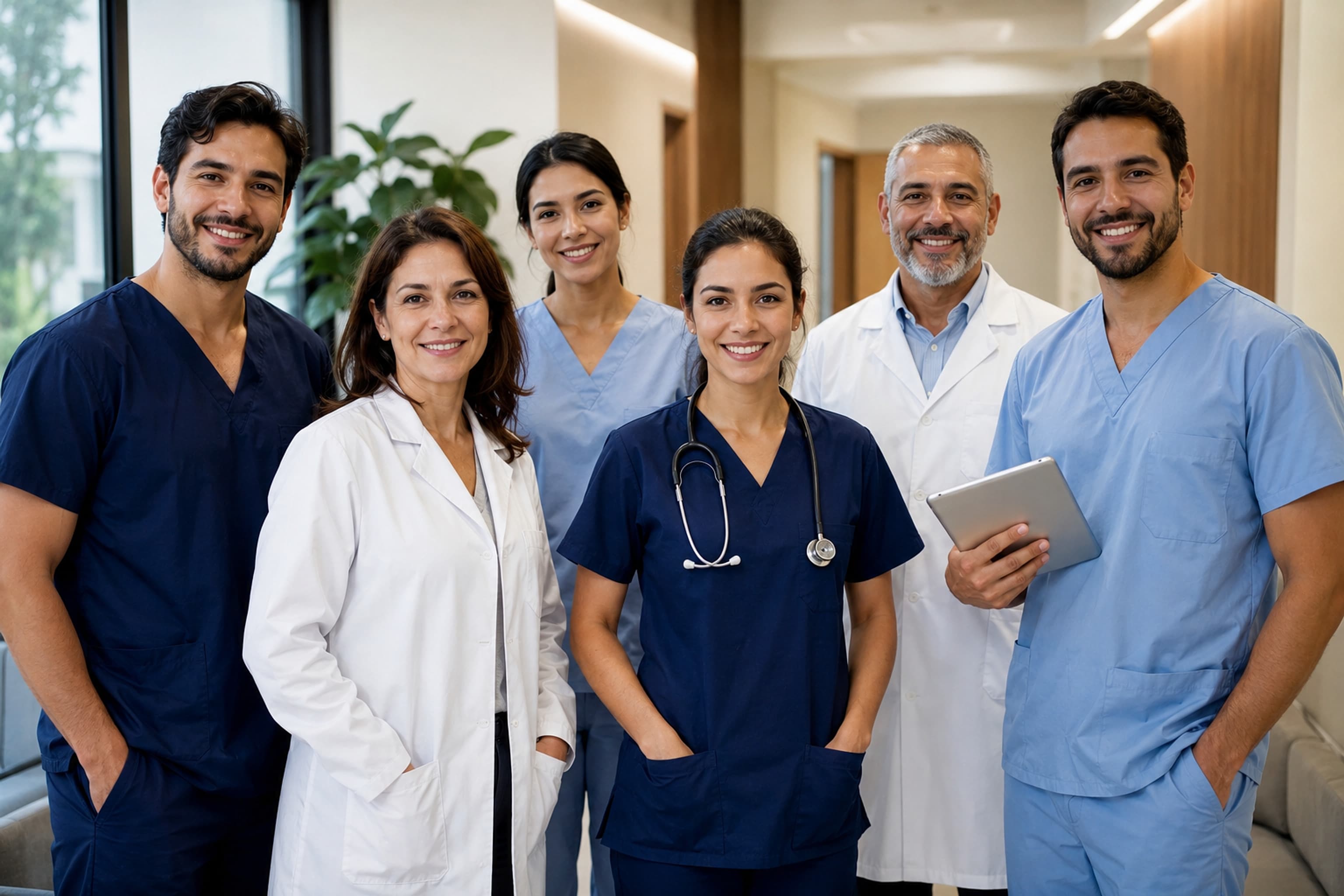 Corpo clínico da DoctorÁgape: médicas e médicos de várias especialidades, de jaleco e scrubs, reunidos no corredor da policlínica