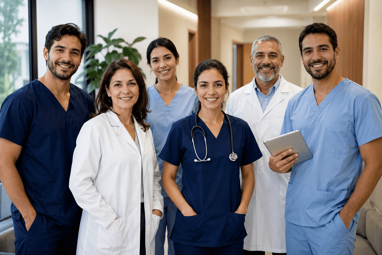 Corpo clínico da DoctorÁgape: médicas e médicos de várias especialidades, de jaleco e scrubs, reunidos no corredor da policlínica