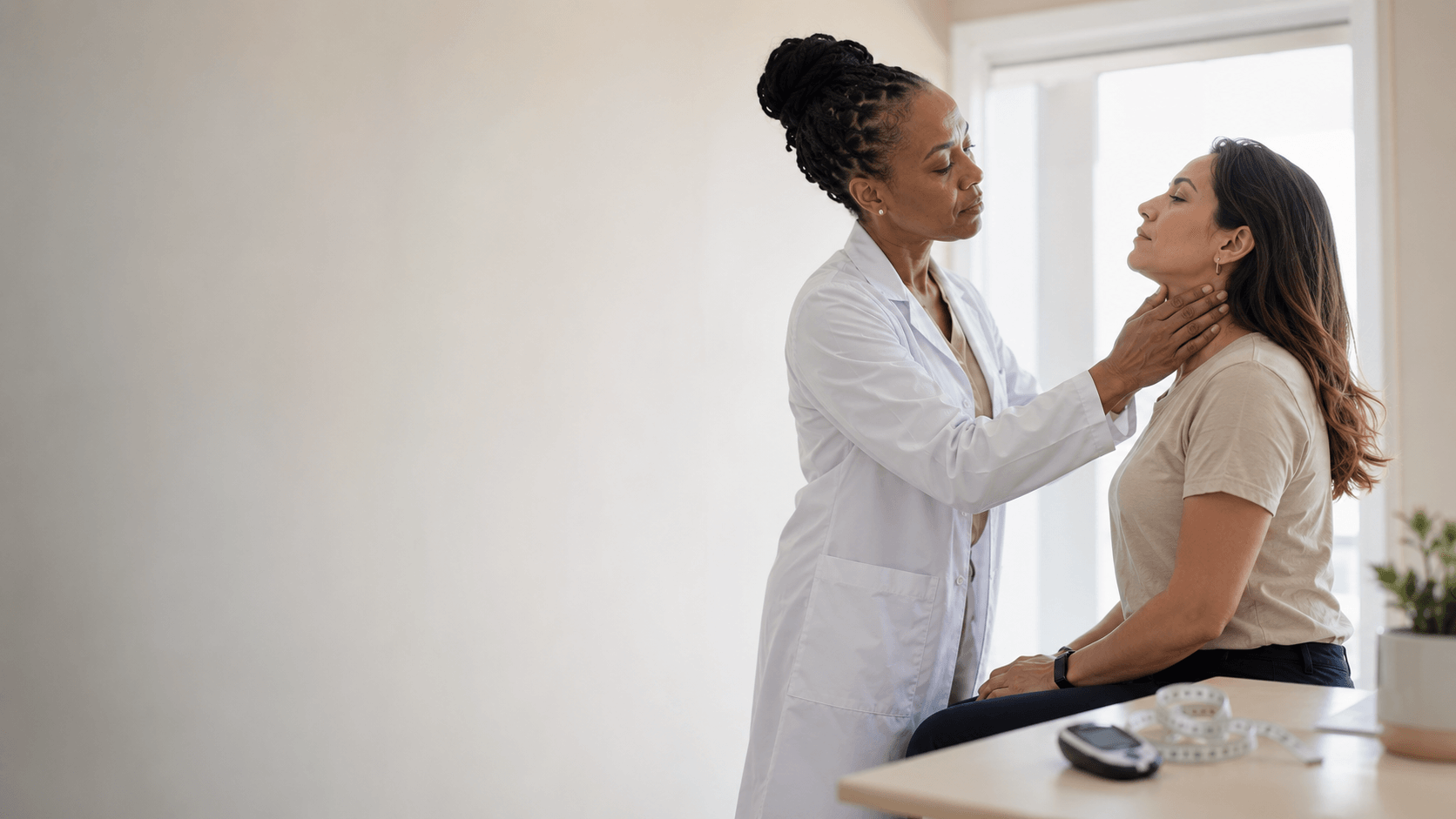 Endocrinologista da DoctorÁgape apalpando a tireoide no pescoço de uma paciente sentada, com um glicosímetro e uma fita métrica sobre a mesa do consultório, em Joinville