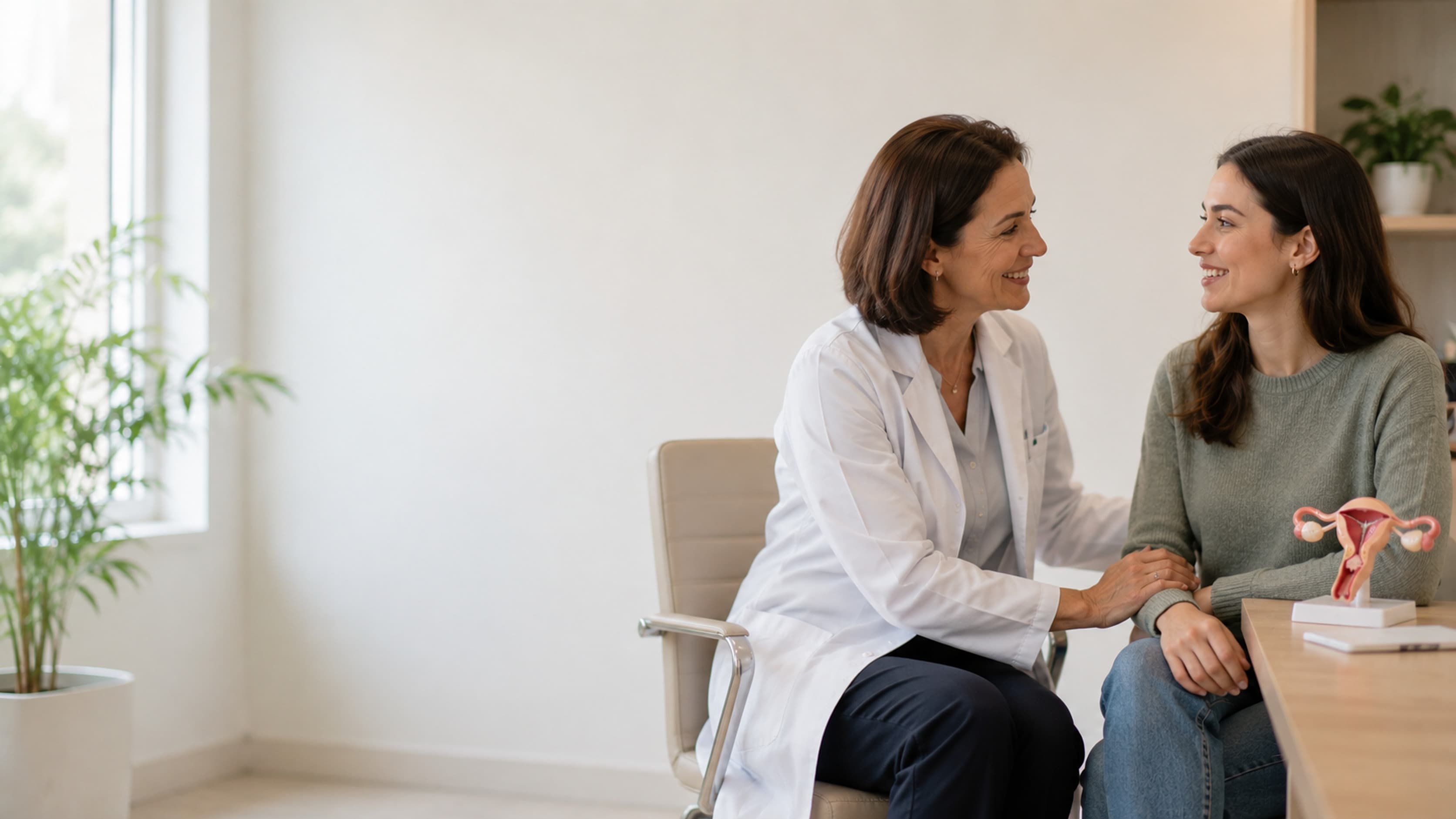 Ginecologista da DoctorÁgape sorrindo e segurando a mão de uma paciente na consulta, ao lado de um modelo anatômico do útero e dos ovários sobre a mesa do consultório, em Joinville