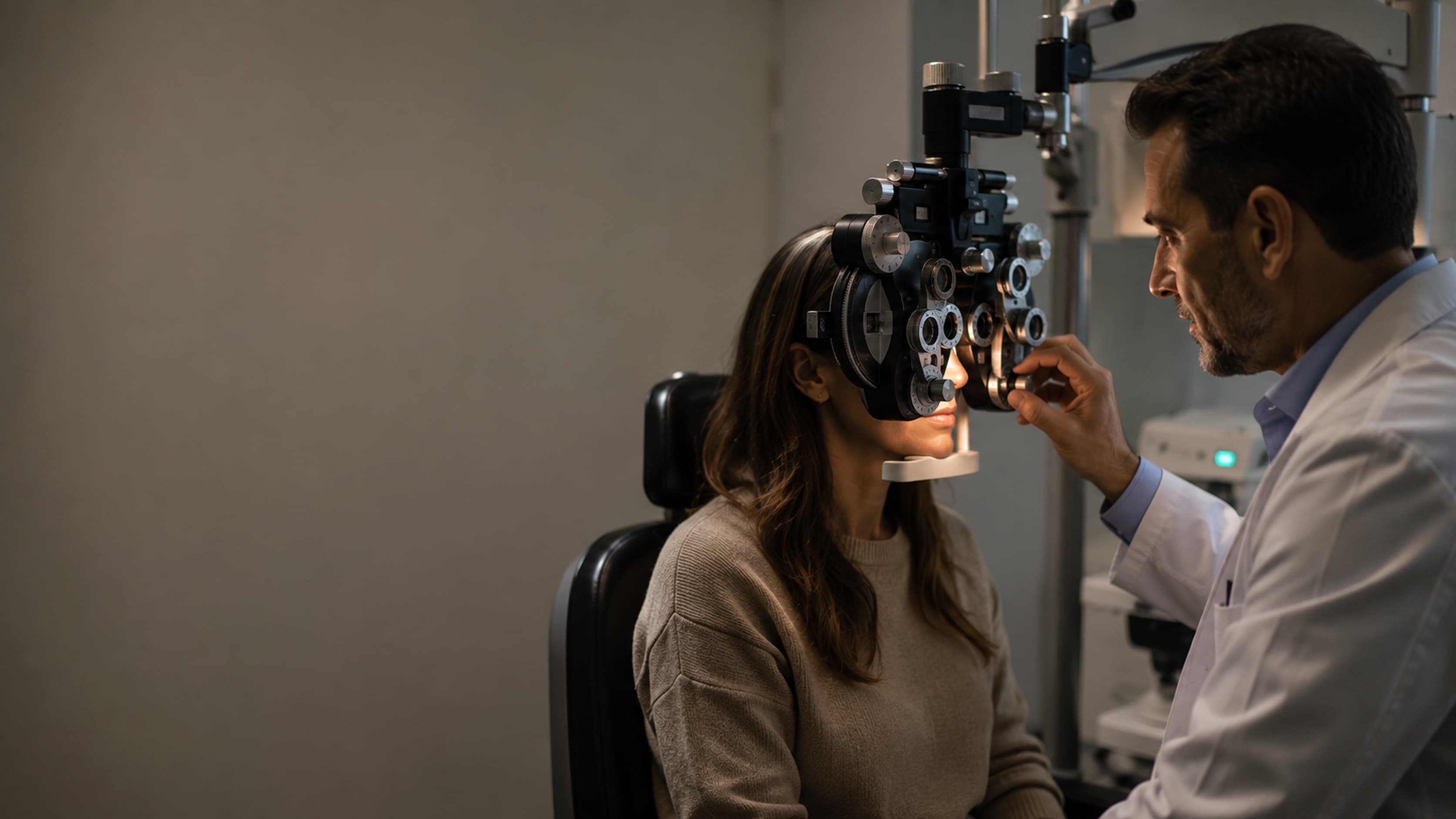 Oftalmologista da DoctorÁgape ajustando as lentes do refrator durante o exame de vista de uma paciente, no consultório escurecido, em Joinville