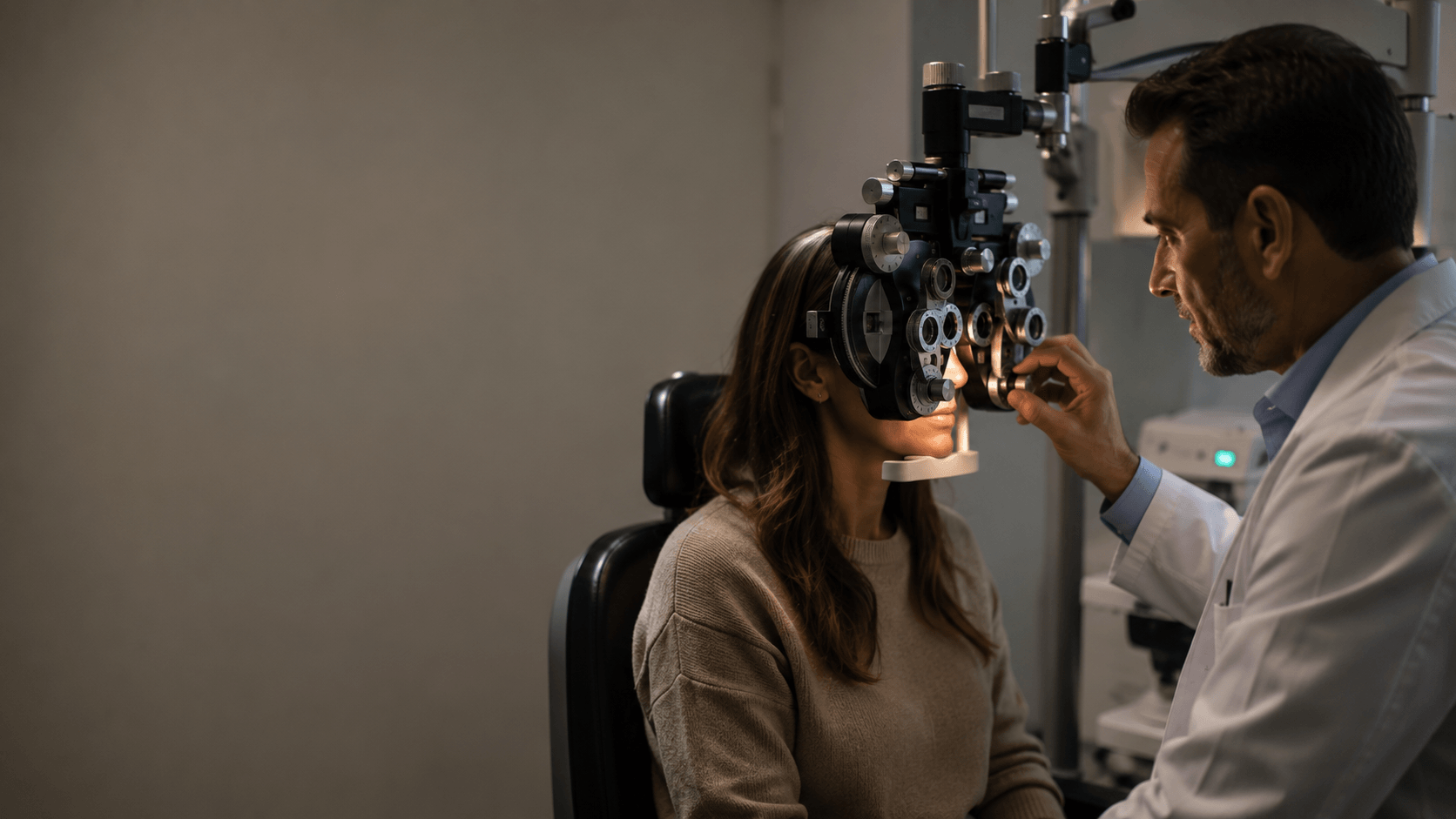 Oftalmologista da DoctorÁgape ajustando as lentes do refrator durante o exame de vista de uma paciente, no consultório escurecido, em Joinville