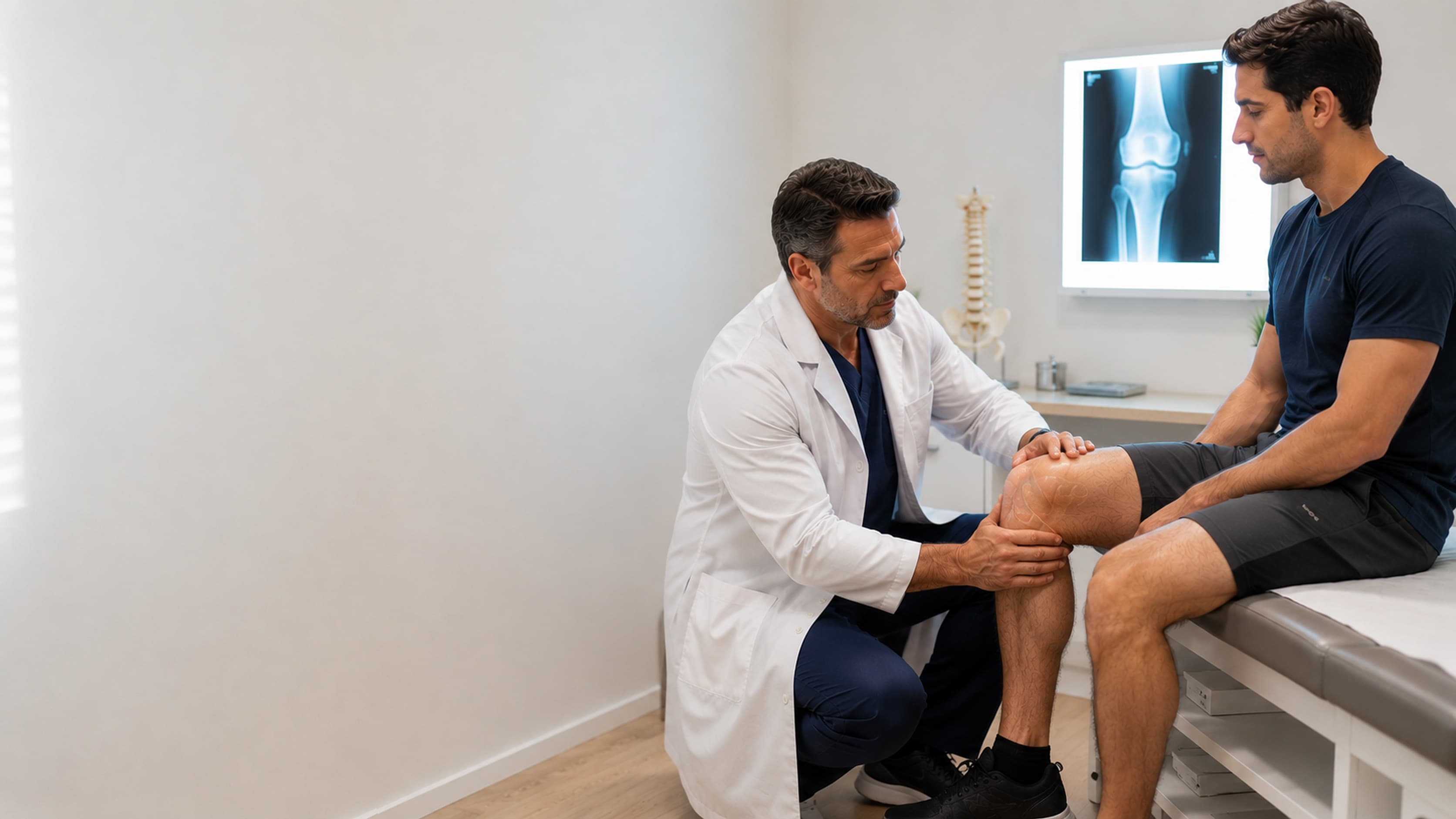Ortopedista da DoctorÁgape agachado, examinando o joelho de um paciente sentado na maca do consultório, com a radiografia do joelho no negatoscópio ao fundo, em Joinville