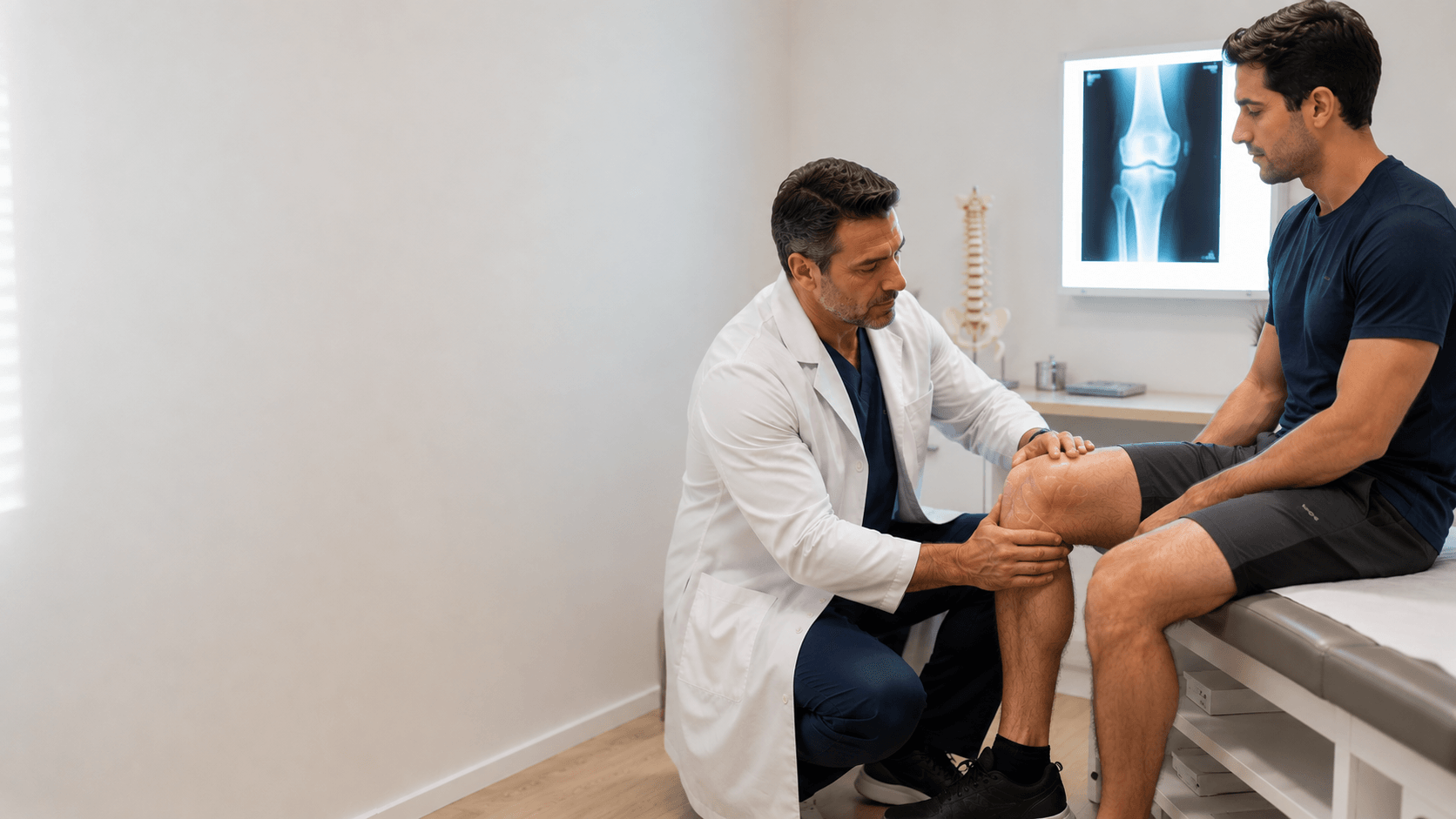 Ortopedista da DoctorÁgape agachado, examinando o joelho de um paciente sentado na maca do consultório, com a radiografia do joelho no negatoscópio ao fundo, em Joinville