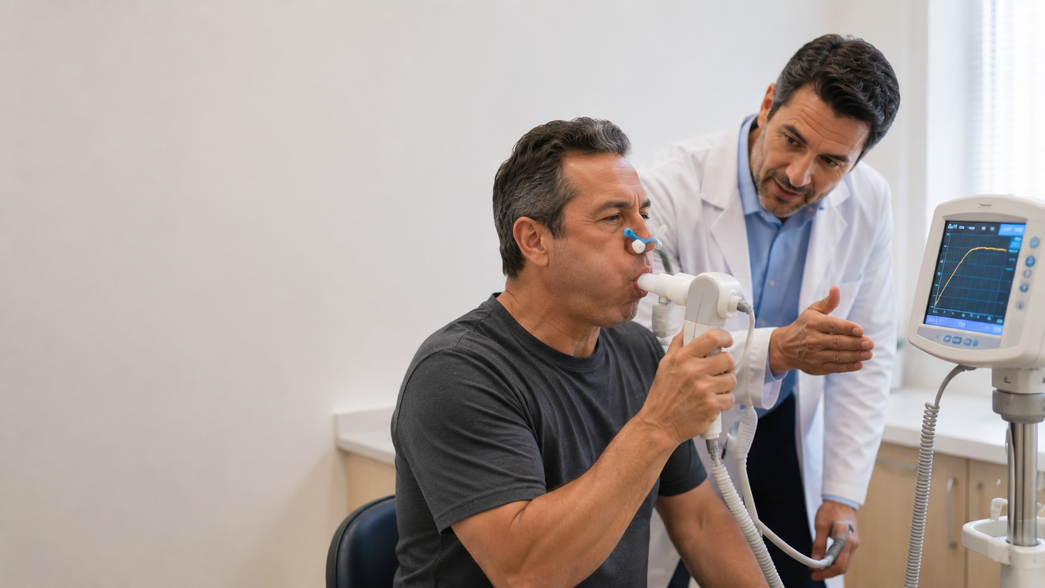 Pneumologista da DoctorÁgape acompanhando um paciente que sopra no espirômetro, com a curva da respiração aparecendo na tela do aparelho, em Joinville
